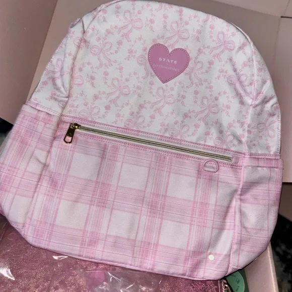 LoveShackFancy state pink coquette bow and gingham print backpack bag - Picture 10 of 12